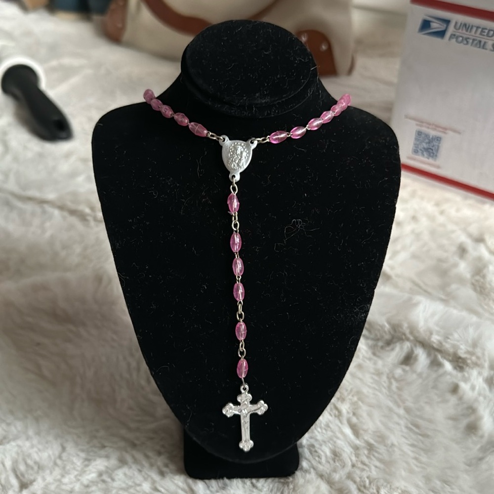 Vintage Rosary necklace pink beaded